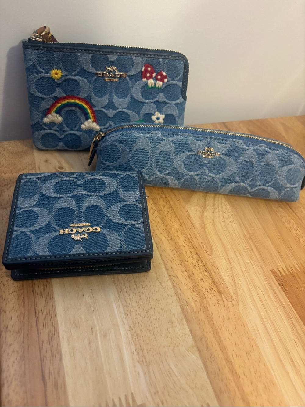 Coach Blue Denim Trio Pouch, Wallet & Pencil Case with Rainbow Embroidery